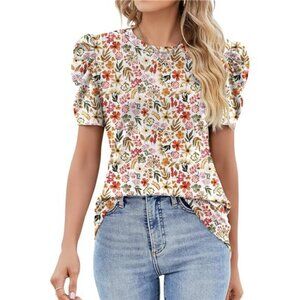 Puff Short Sleeve Shirt for Women Eyelet Tops Summer Crewneck Blouse
